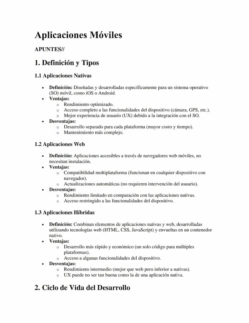Aplicaciones Móviles
APUNTES//
1. Definición y Tipos
1.1 Aplicaciones Nativas
•
•
Definición: Diseñadas y desarrolladas específicamente para