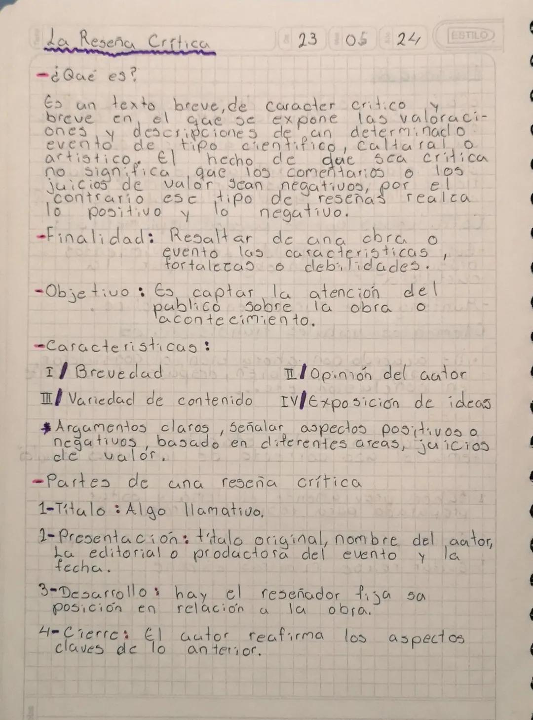 # La Reseña Crítica

-¿Qué es?

8230524

ESTILO

las valoraci-
Es un texto breve, de caracter critico
breve en el que se expone
ones y descr