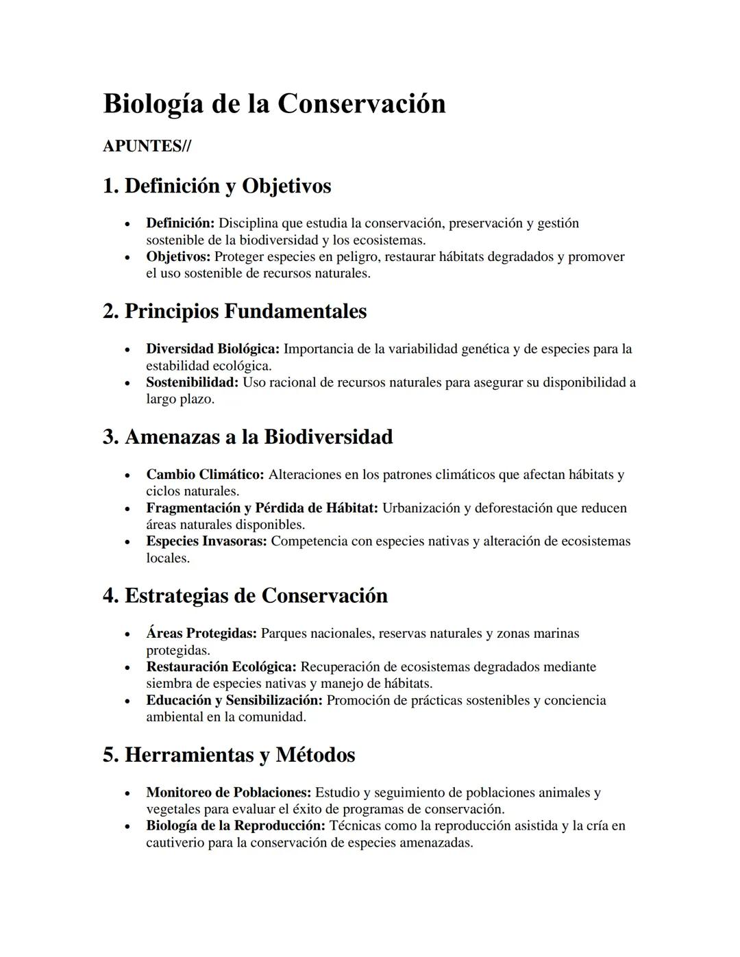 Biología de la Conservación
APUNTES//
1. Definición y Objetivos
•
Definición: Disciplina que estudia la conservación, preservación y gestión