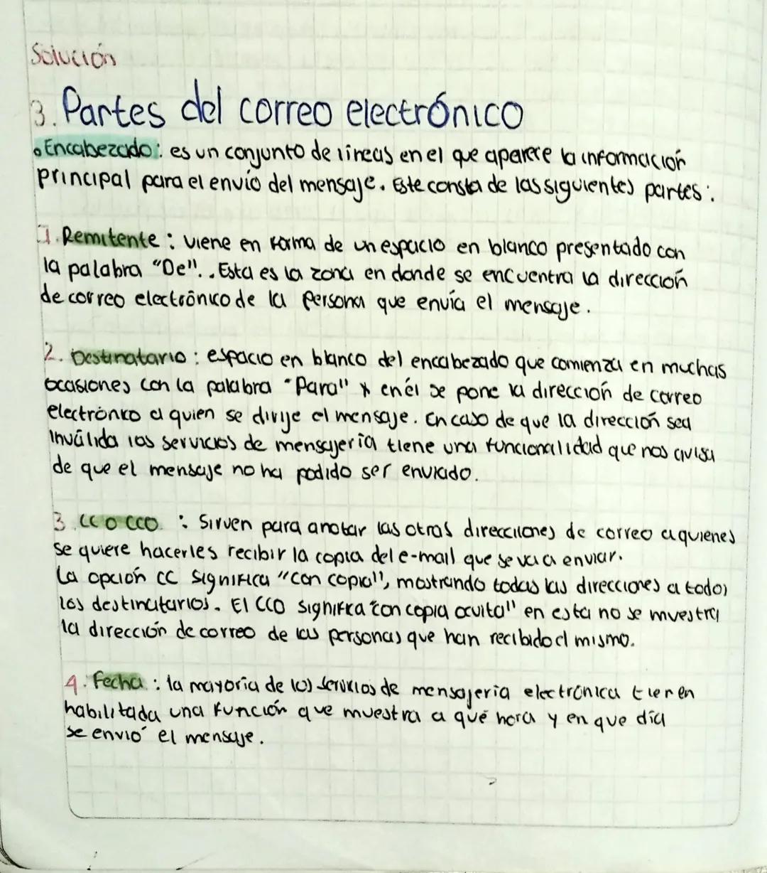 Solución

3. Partes del correo electrónico
*   Encabezado: es un conjunto de lineas en el que aparece la informcición
principal para el enví