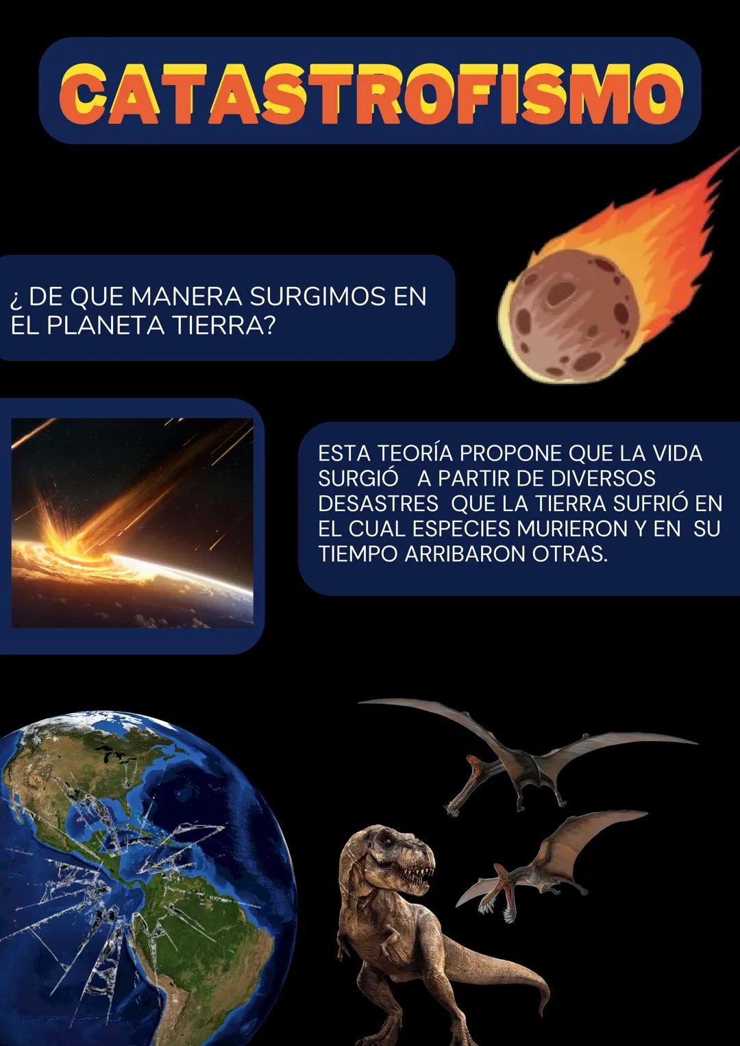 # CATASTROFISMO

¿DE QUE MANERA SURGIMOS EN
EL PLANETA TIERRA?

ESTA TEORÍA PROPONE QUE LA VIDA
SURGIÓ A PARTIR DE DIVERSOS
DESASTRES QUE LA