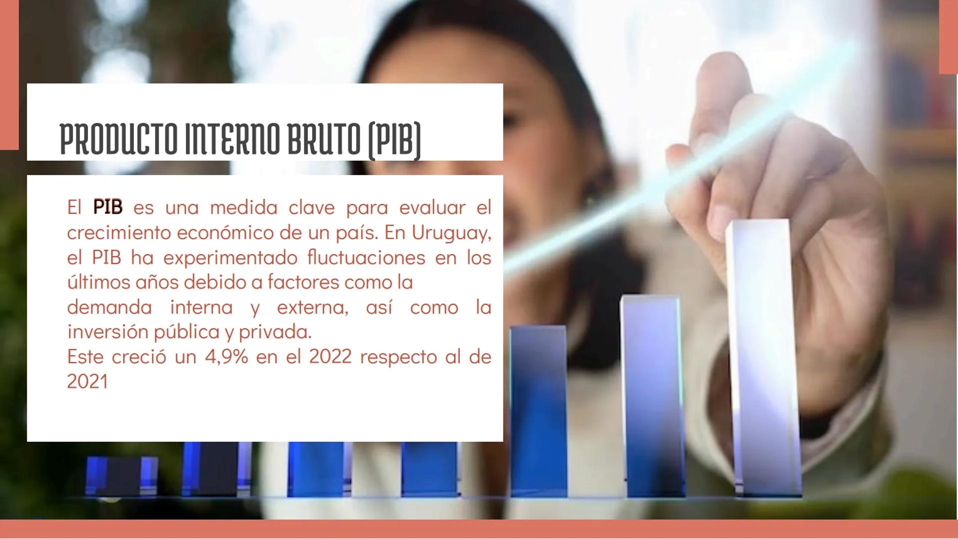 URUGUAY
y su
ECONOMÍA PRODUCTO INTERNO BRUTO (PIB)
El PIB es una medida clave para evaluar el
crecimiento económico de un país. En Uruguay,
