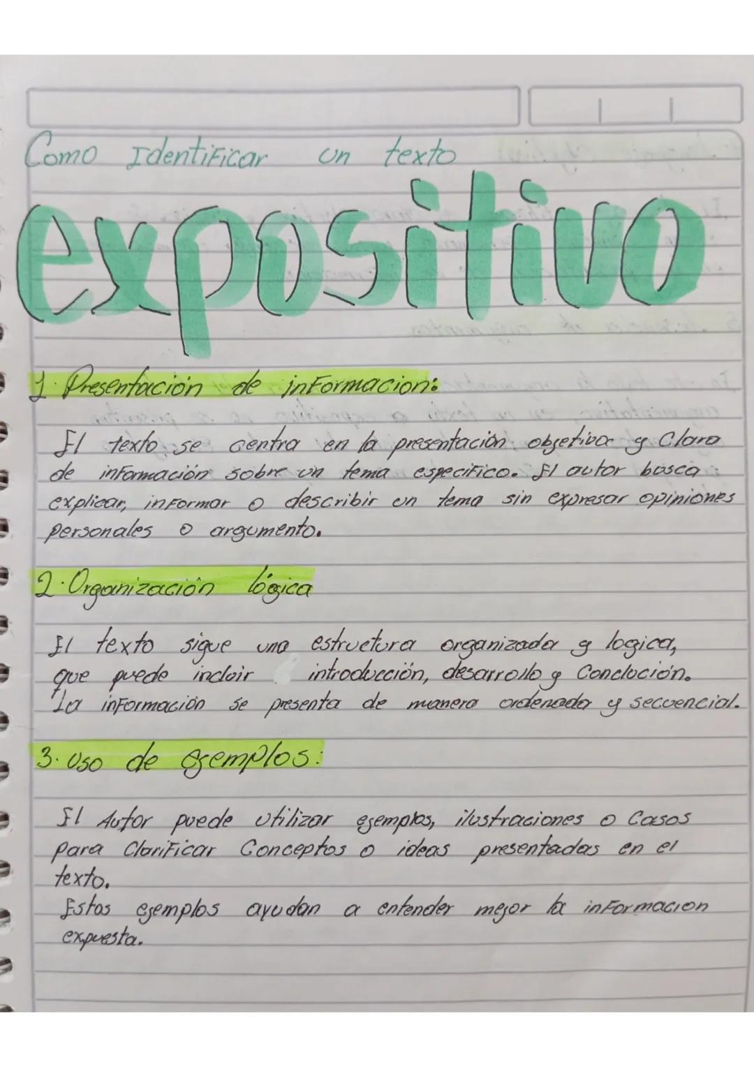 Como Identificar
un texto
expositivo
• 1 Presentación de informacion:
B
=
El texto se centra en la presentación objetivo & Claro
de informac