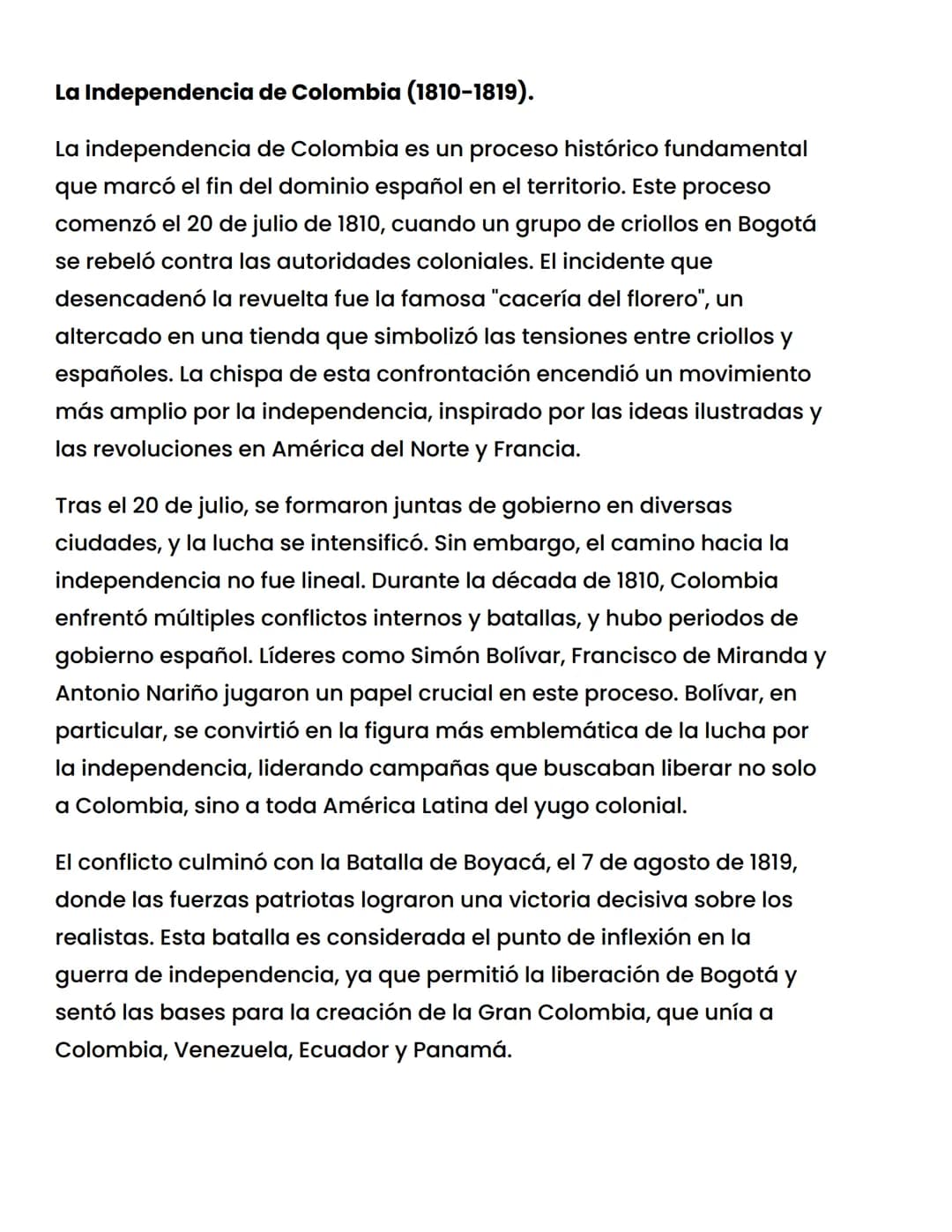 La Independencia de Colombia (1810-1819).
La independencia de Colombia es un proceso histórico fundamental
que marcó el fin del dominio espa
