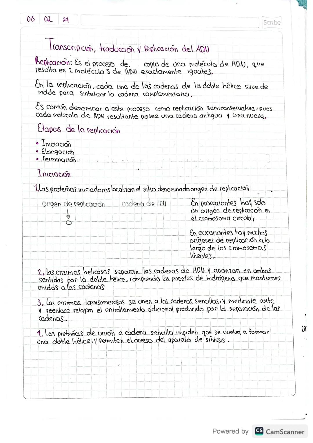 06 02 24
Scribe
# Transcripción, traducción y replicación del ADU

Replicación: Es el proceso de. copia de una molécula de ADN, que
resulta 