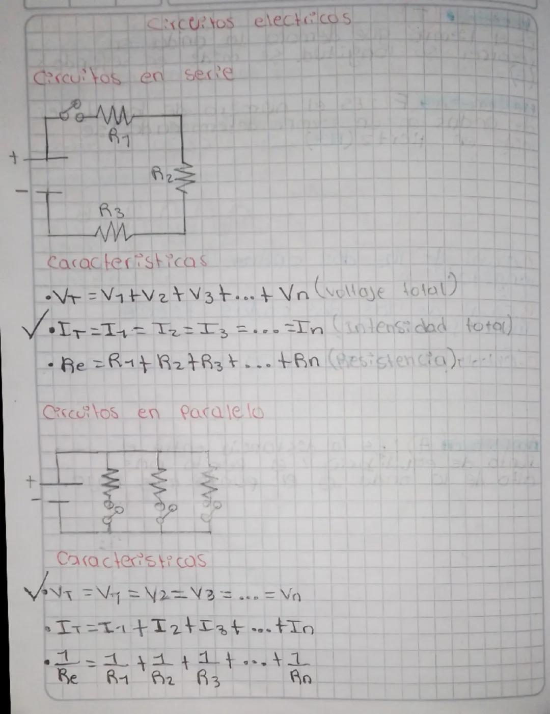 Circuitos electricos
Circuitos en serie
6% ли
R1
R3
M
R2
Caracteristicas
•V+=V1+V2+ V3+... + Vn (vollage total)
√•IT=1₁ 12
•I+ = 1₁ = 1₂ = 1