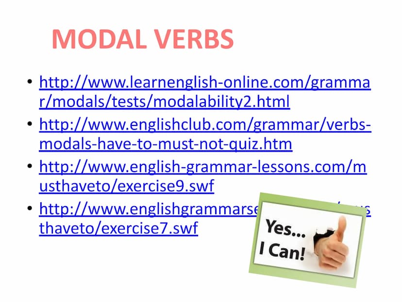 Modal
Verbs ABILITY = Saber / poder
.
CAN = present
.
• COULD = past
• BE ABLE TO = all other tenses
.
EXAMPLES:
Yes...
I Can!
• I can't dri