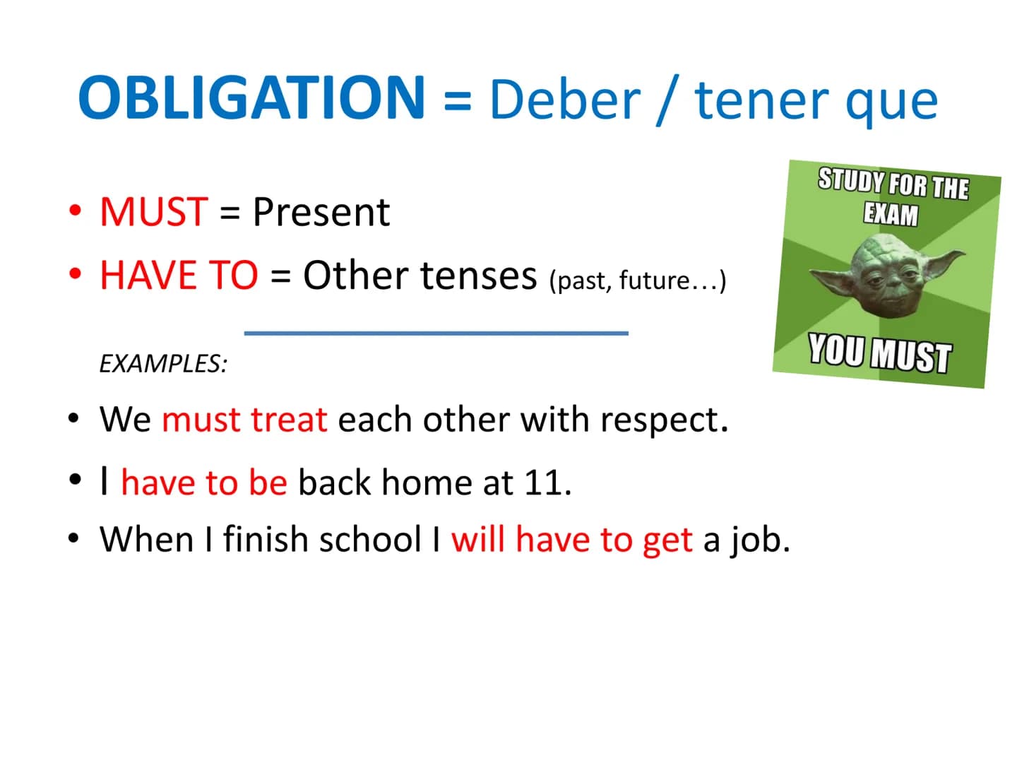 Modal
Verbs ABILITY = Saber / poder
.
CAN = present
.
• COULD = past
• BE ABLE TO = all other tenses
.
EXAMPLES:
Yes...
I Can!
• I can't dri