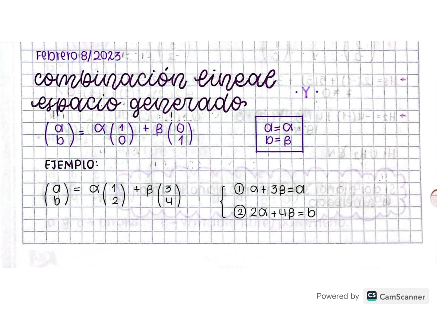 "
←
H
Febrero
Febrero 8/2023)
combinación lineal
espacio generado
ΟΙ
a
( 8 ) - α ( 1 ) + B ( 9 )
b
EJEMPLO:
B
(6)-° (2) +6 (3)
b
b=B
·
•
①+3