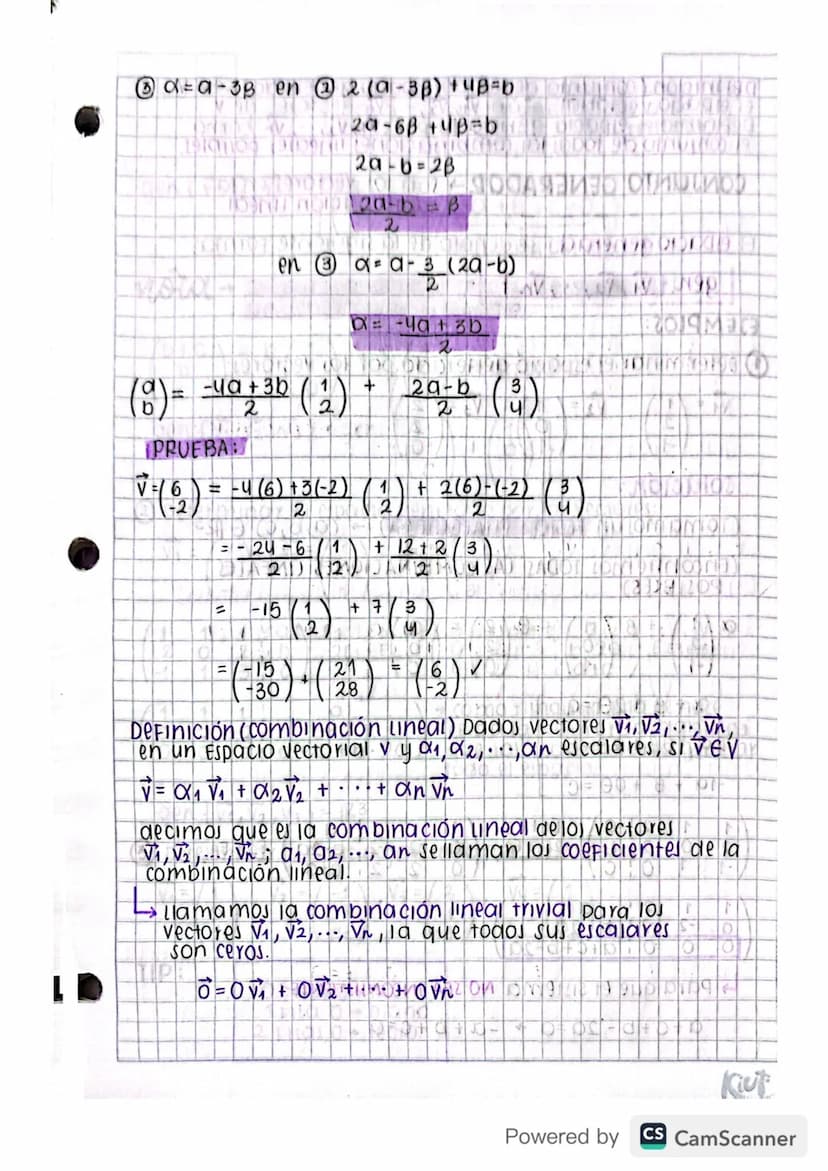 "
←
H
Febrero
Febrero 8/2023)
combinación lineal
espacio generado
ΟΙ
a
( 8 ) - α ( 1 ) + B ( 9 )
b
EJEMPLO:
B
(6)-° (2) +6 (3)
b
b=B
·
•
①+3