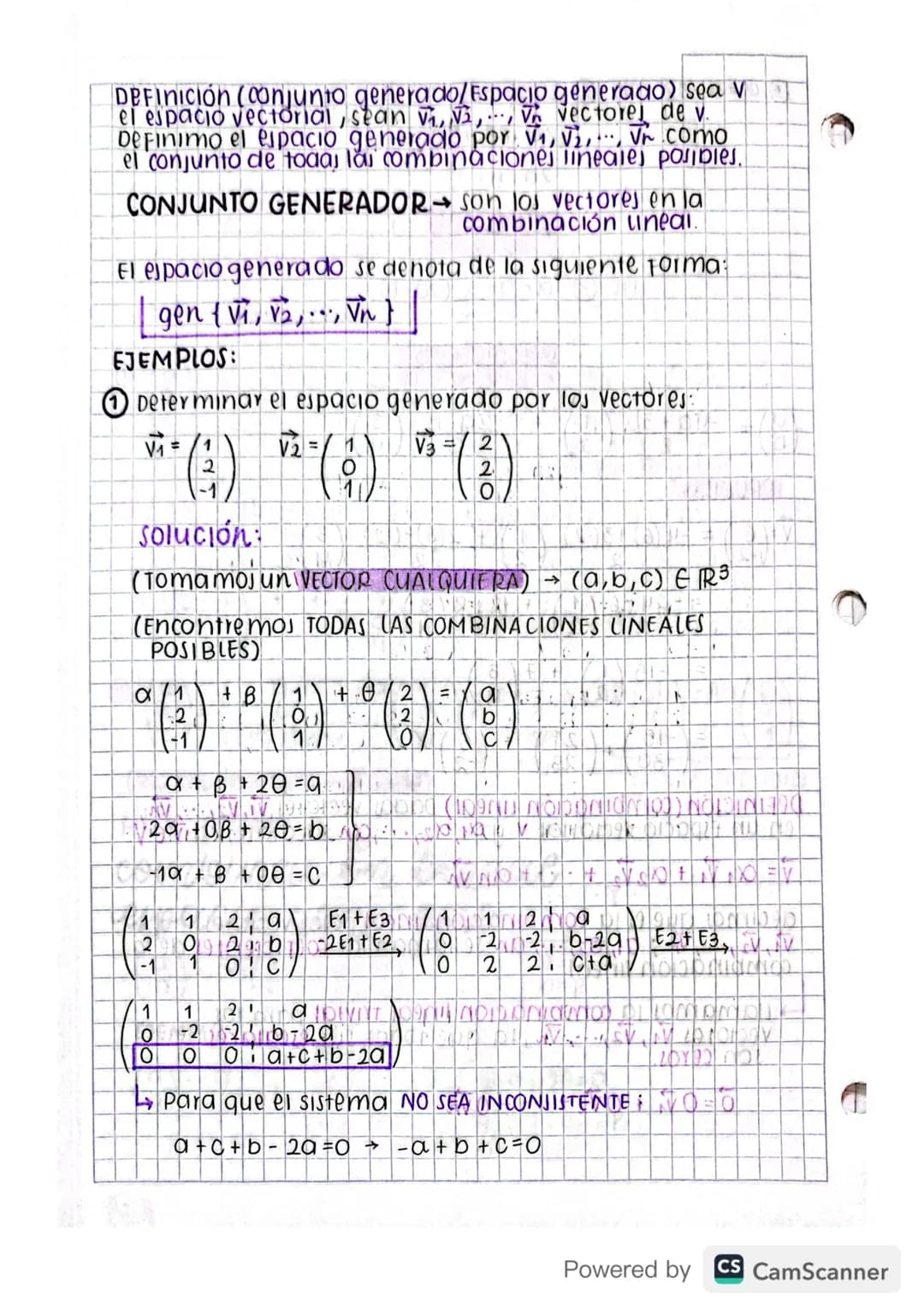 "
←
H
Febrero
Febrero 8/2023)
combinación lineal
espacio generado
ΟΙ
a
( 8 ) - α ( 1 ) + B ( 9 )
b
EJEMPLO:
B
(6)-° (2) +6 (3)
b
b=B
·
•
①+3