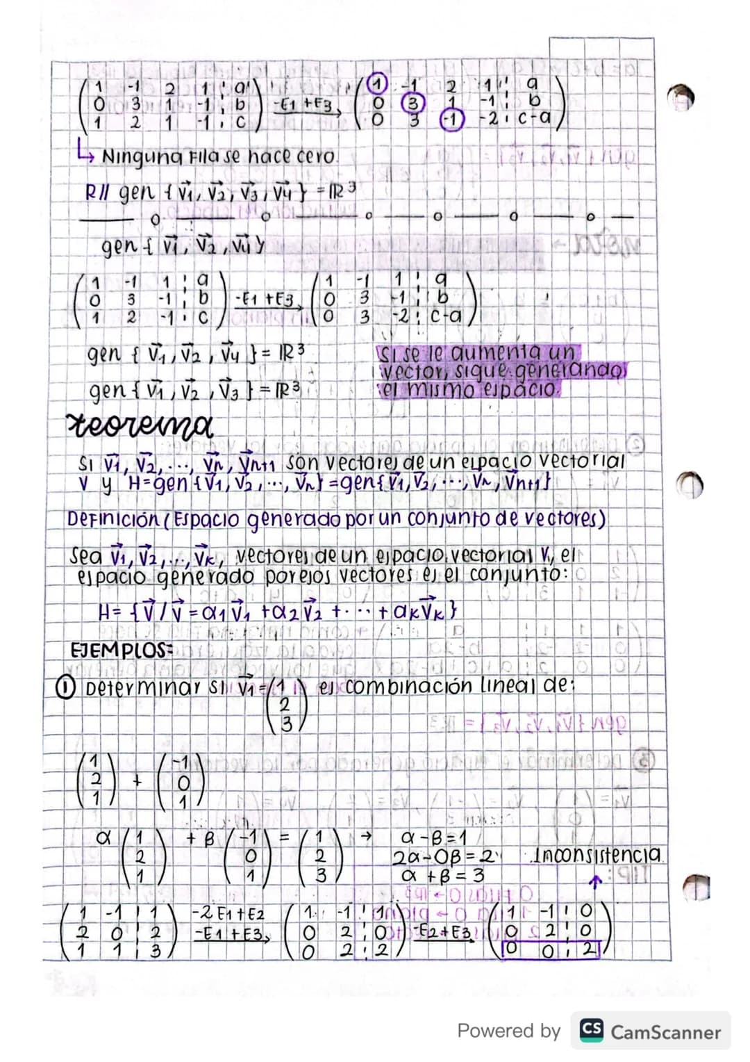 "
←
H
Febrero
Febrero 8/2023)
combinación lineal
espacio generado
ΟΙ
a
( 8 ) - α ( 1 ) + B ( 9 )
b
EJEMPLO:
B
(6)-° (2) +6 (3)
b
b=B
·
•
①+3
