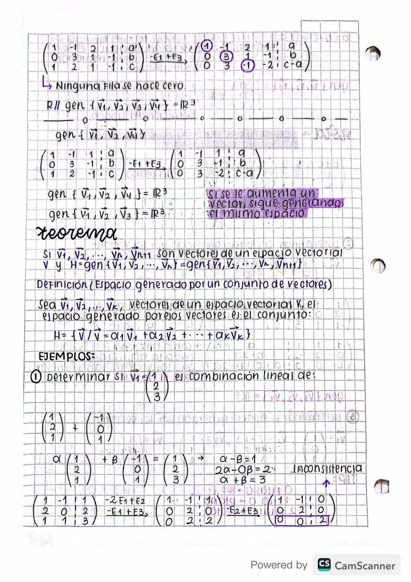 "
←
H
Febrero
Febrero 8/2023)
combinación lineal
espacio generado
ΟΙ
a
( 8 ) - α ( 1 ) + B ( 9 )
b
EJEMPLO:
B
(6)-° (2) +6 (3)
b
b=B
·
•
①+3