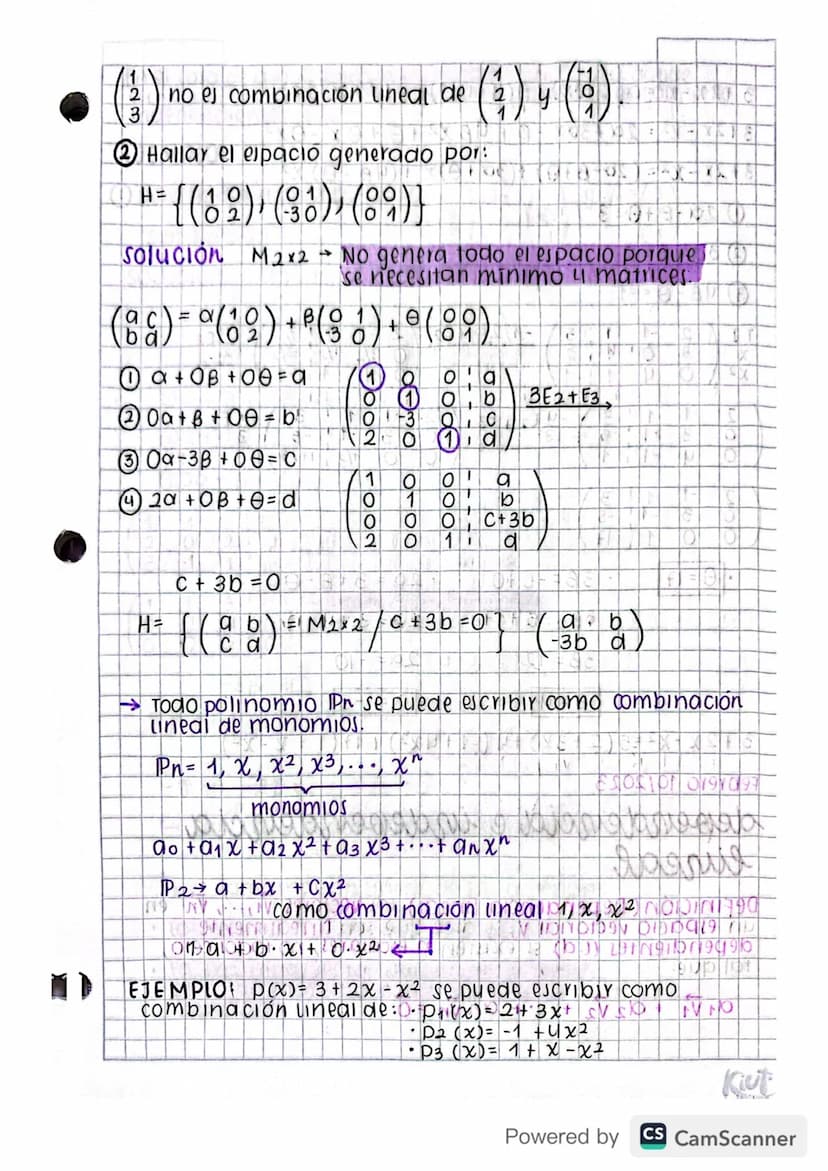 "
←
H
Febrero
Febrero 8/2023)
combinación lineal
espacio generado
ΟΙ
a
( 8 ) - α ( 1 ) + B ( 9 )
b
EJEMPLO:
B
(6)-° (2) +6 (3)
b
b=B
·
•
①+3
