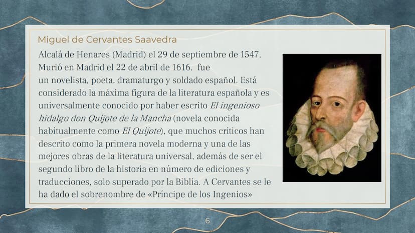 DON QUIJOTE DE
LA MANCHA CONTENIDOS
1. BIOGRAFIA DEL AUTOR, MIGUEL DE CERVANTES
SAAVEDRA
PRESENTACION DE LA OBRA
3. RESUMEN DE LA OBRA
2315

