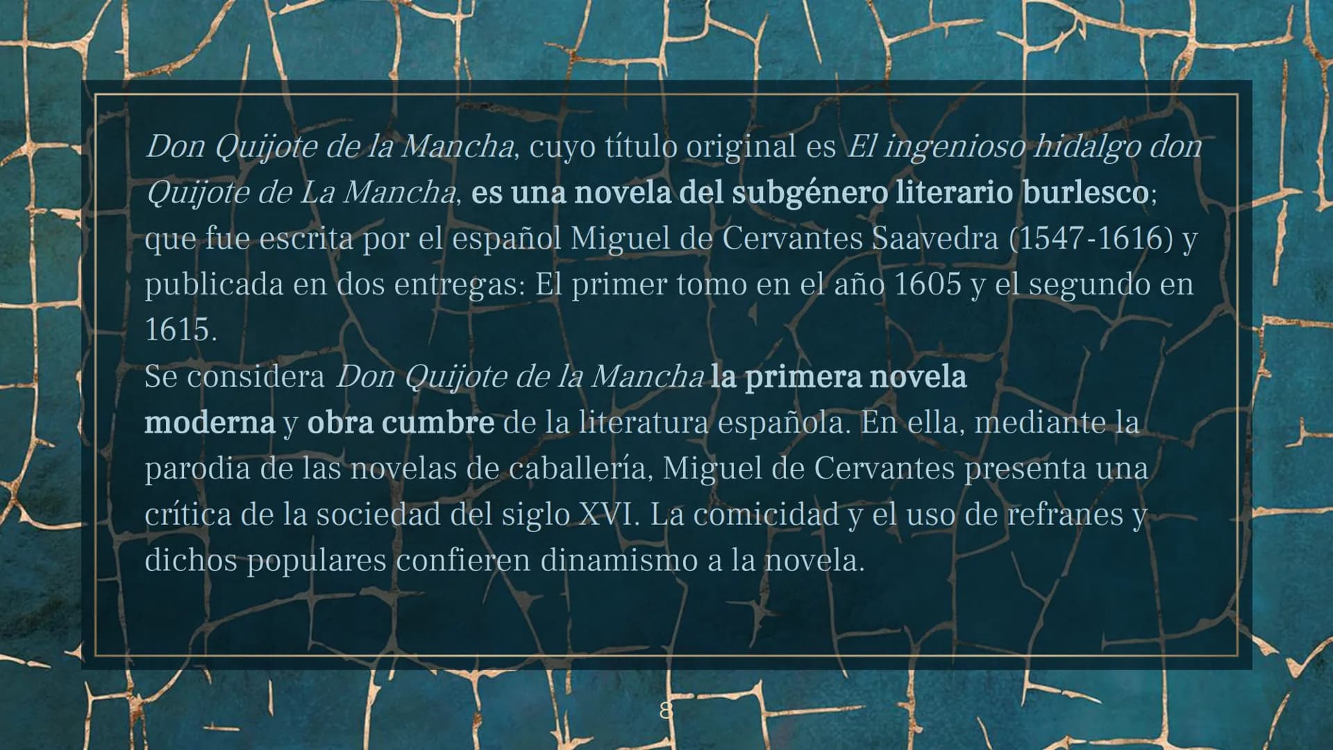 DON QUIJOTE DE
LA MANCHA CONTENIDOS
1. BIOGRAFIA DEL AUTOR, MIGUEL DE CERVANTES
SAAVEDRA
PRESENTACION DE LA OBRA
3. RESUMEN DE LA OBRA
2315
