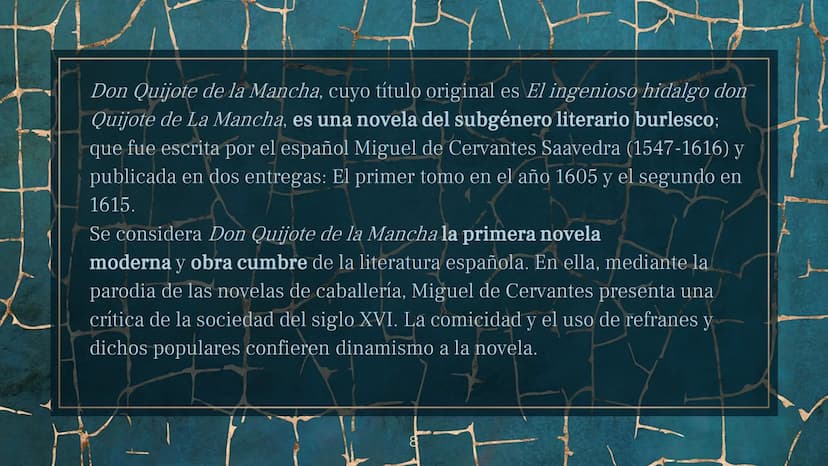 DON QUIJOTE DE
LA MANCHA CONTENIDOS
1. BIOGRAFIA DEL AUTOR, MIGUEL DE CERVANTES
SAAVEDRA
PRESENTACION DE LA OBRA
3. RESUMEN DE LA OBRA
2315
