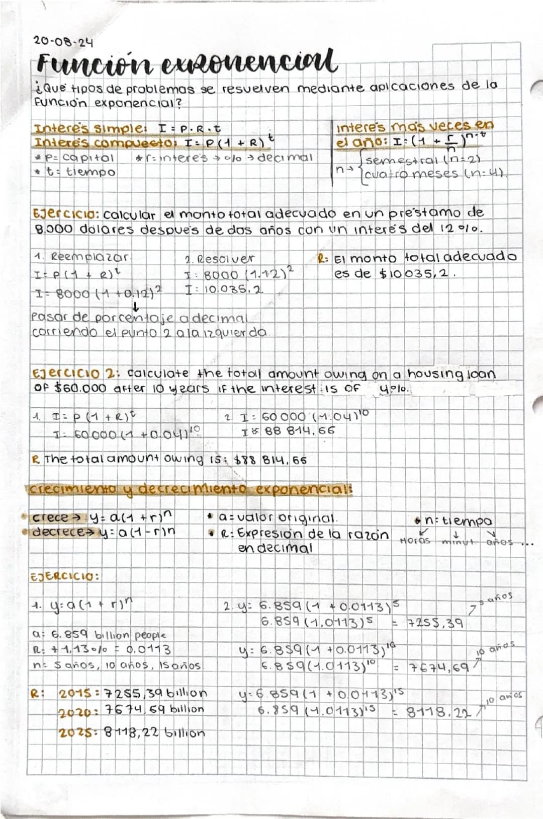 20-08-24
Función exponencial
¿Que tipos de problemas se resuelven mediante aplicaciones de la
Funcion exponencial?
Interes simple: I = P. R.