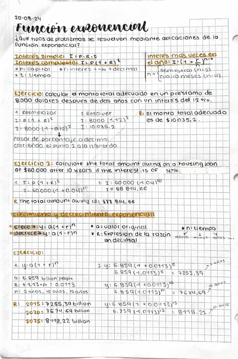 20-08-24
Función exponencial
¿Que tipos de problemas se resuelven mediante aplicaciones de la
Funcion exponencial?
Interes simple: I = P. R.