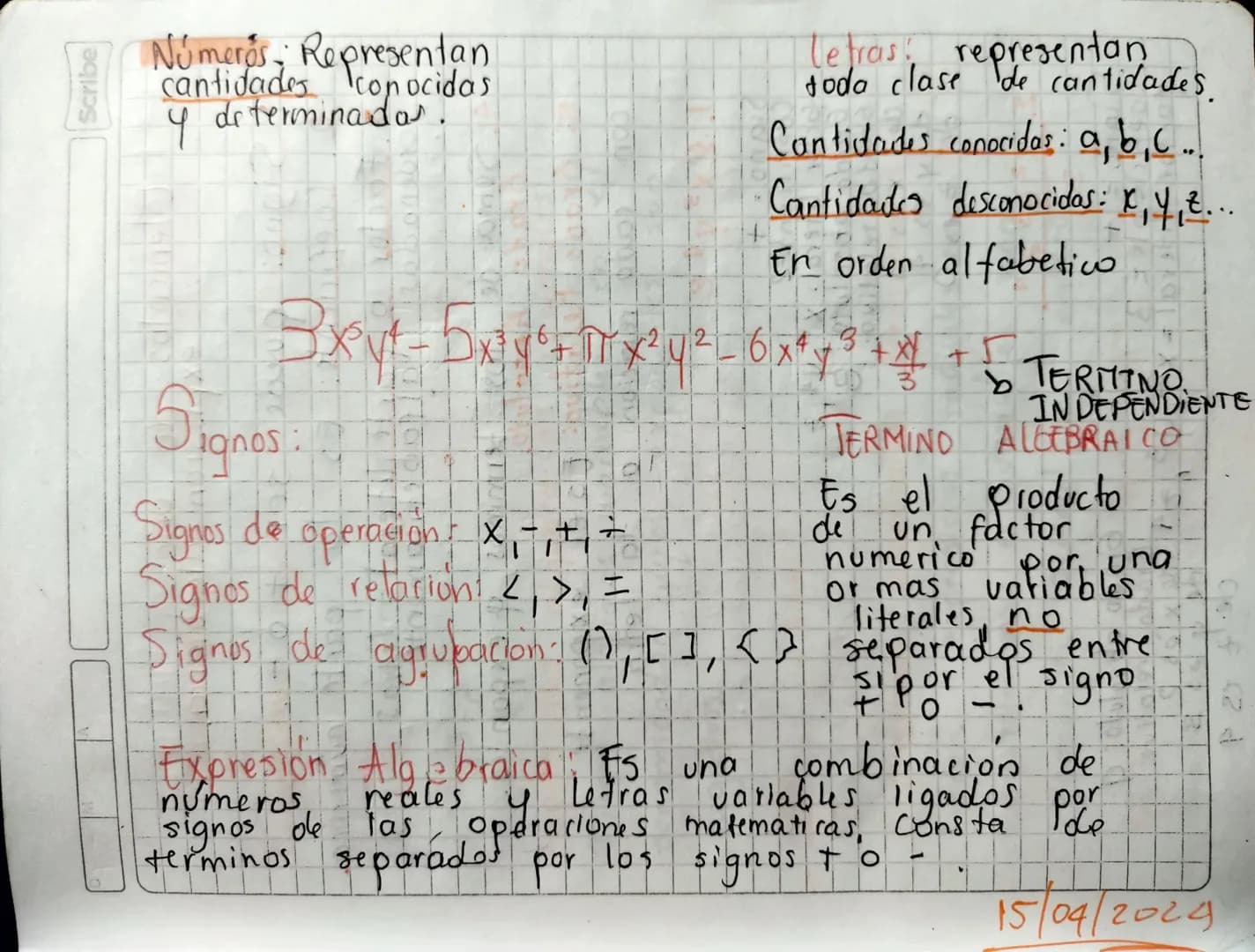 Scribe
Números, Representan
cantidades conocidas
determinadas
Letras: representan
toda clase de cantidades.
Cantidades conocidas: a, b, c..
