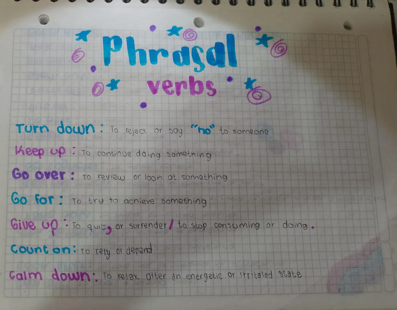 # Phrasal

o* verbs

Turn down: To reject or say "no" to someone

Keep up: To continue doing something

Go over: to review or look at someth