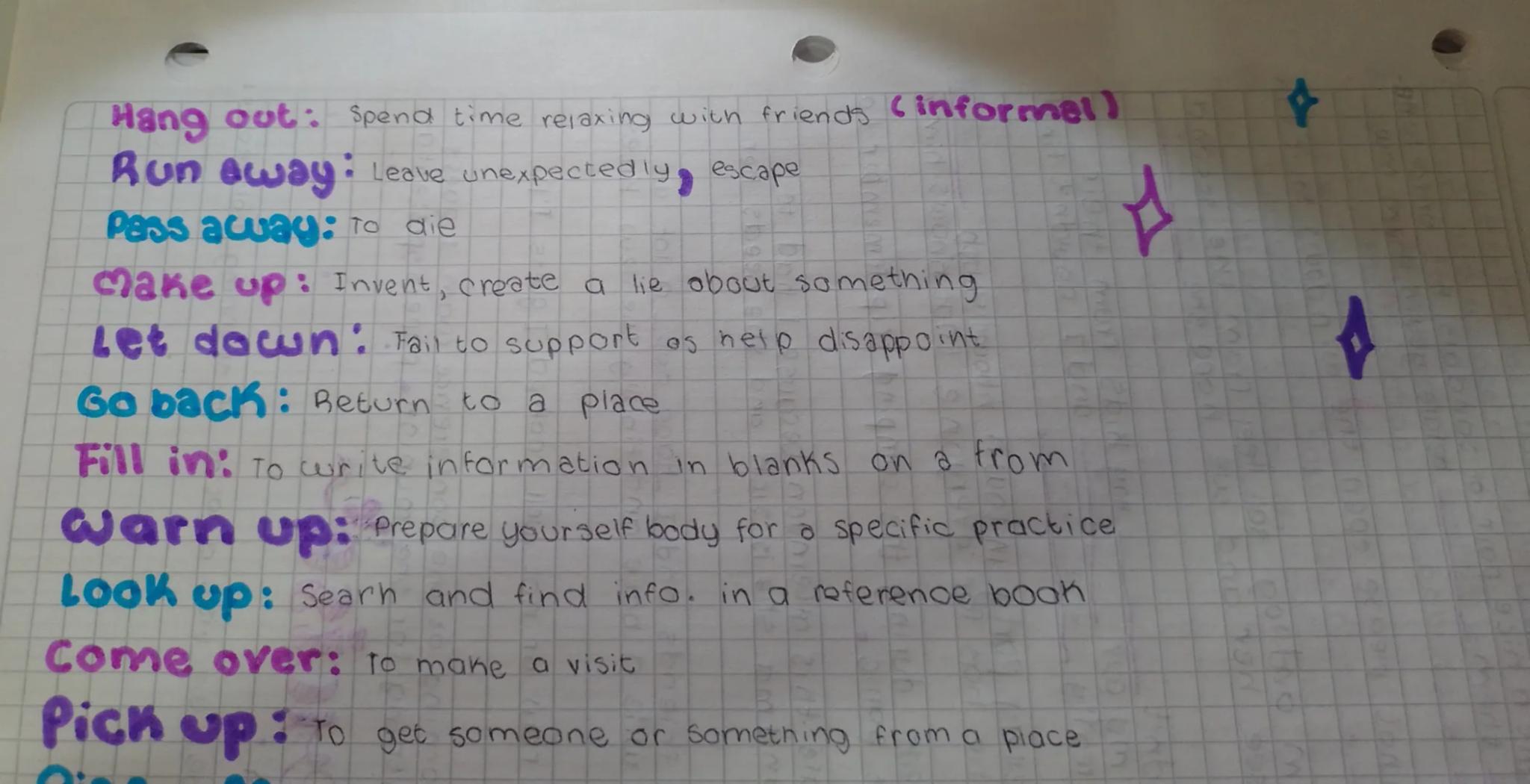 # Phrasal

o* verbs

Turn down: To reject or say "no" to someone

Keep up: To continue doing something

Go over: to review or look at someth
