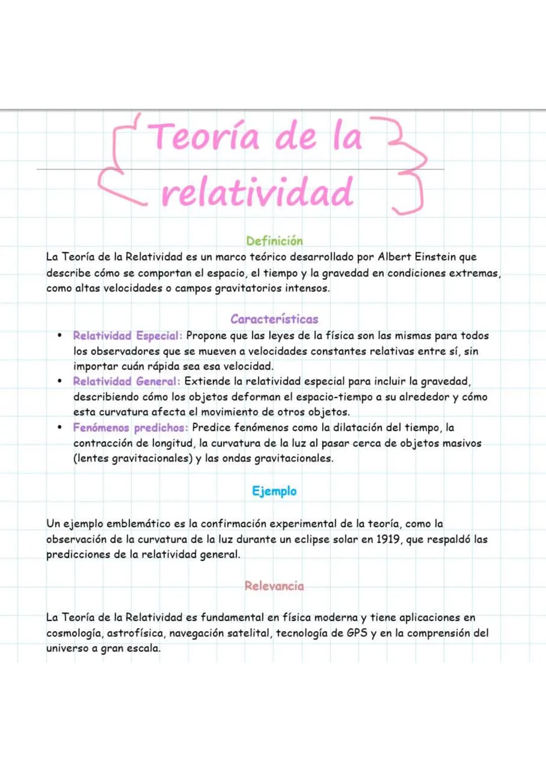 Teoría de la
relatividad
Definición
La Teoría de la Relatividad es un marco teórico desarrollado por Albert Einstein que
describe cómo se co