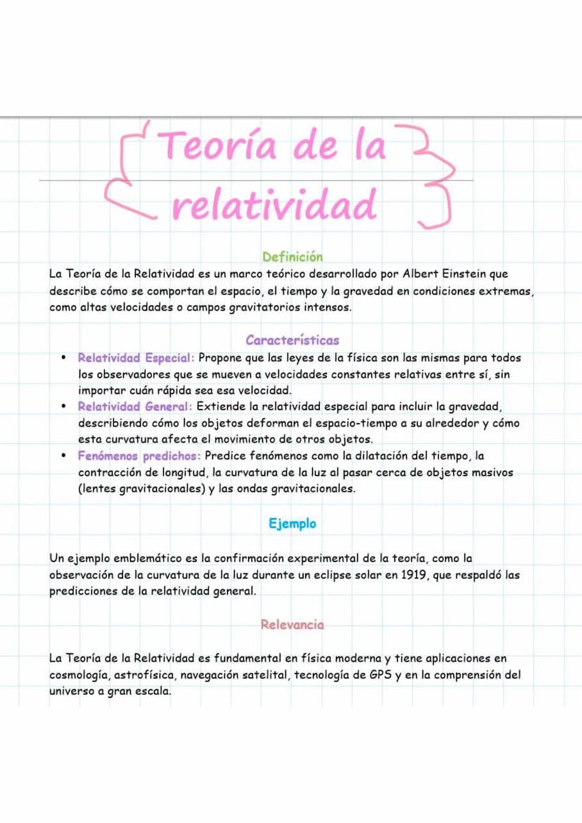 Teoría de la
relatividad
Definición
La Teoría de la Relatividad es un marco teórico desarrollado por Albert Einstein que
describe cómo se co