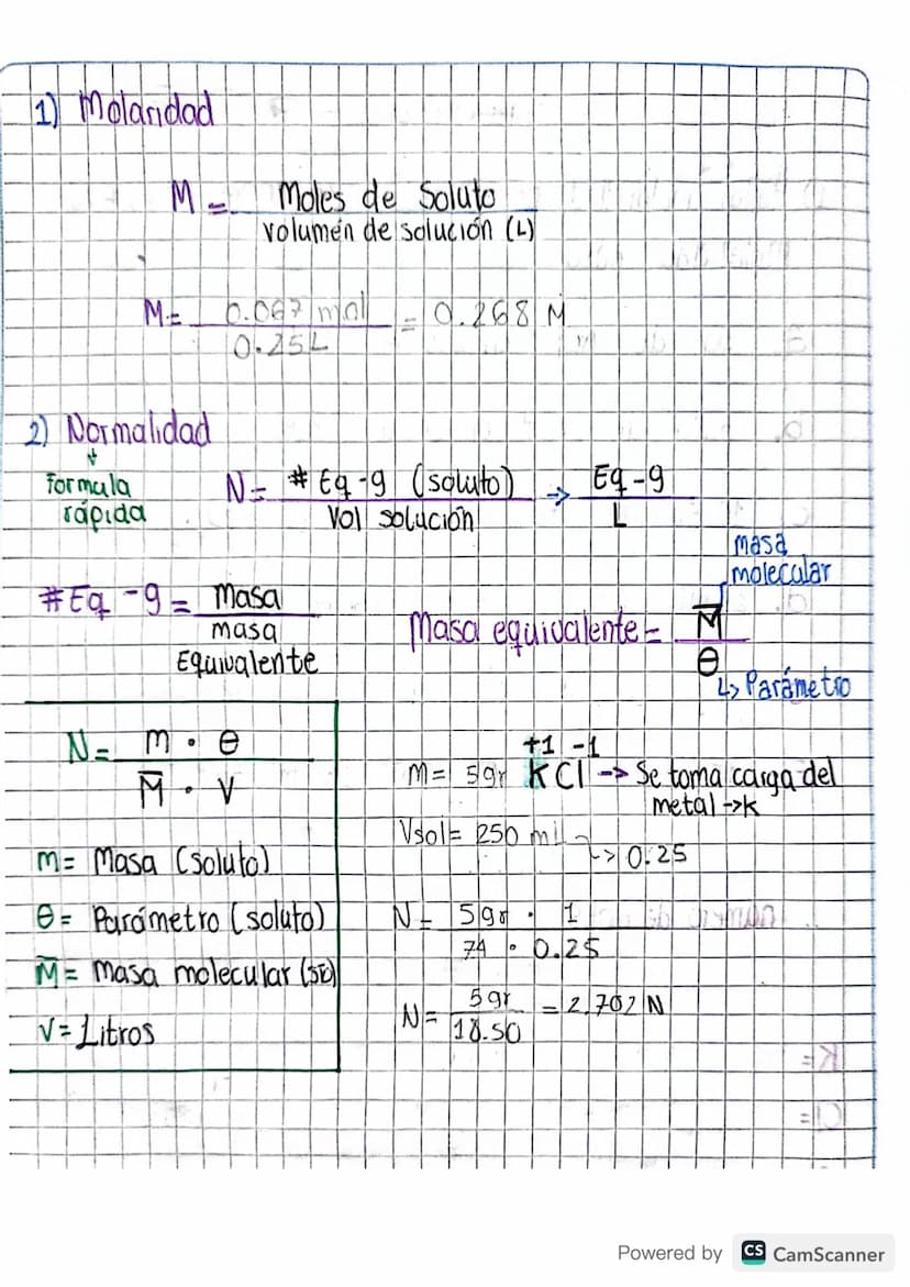 Ejercicios
1) Hallar molaridad normalidad P/P, PPM, V/V, Plu
Molalidad para
a. 5g de KCI en 250 ml H₂O
b. 3.2g de LIOH en 500 ml H₂O
C. 10,5