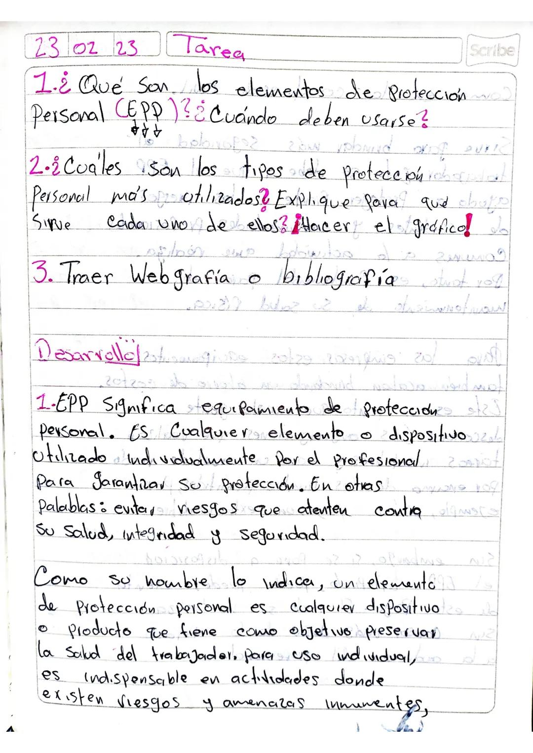 23 02 23
Tarea
1. ¿ Qué son los elementos de protección
Personal (EPP)? ¿ Cuándo deben usarse?
777
bobonopo
2kw robwird
Scribe
2
2.2 Cuales 