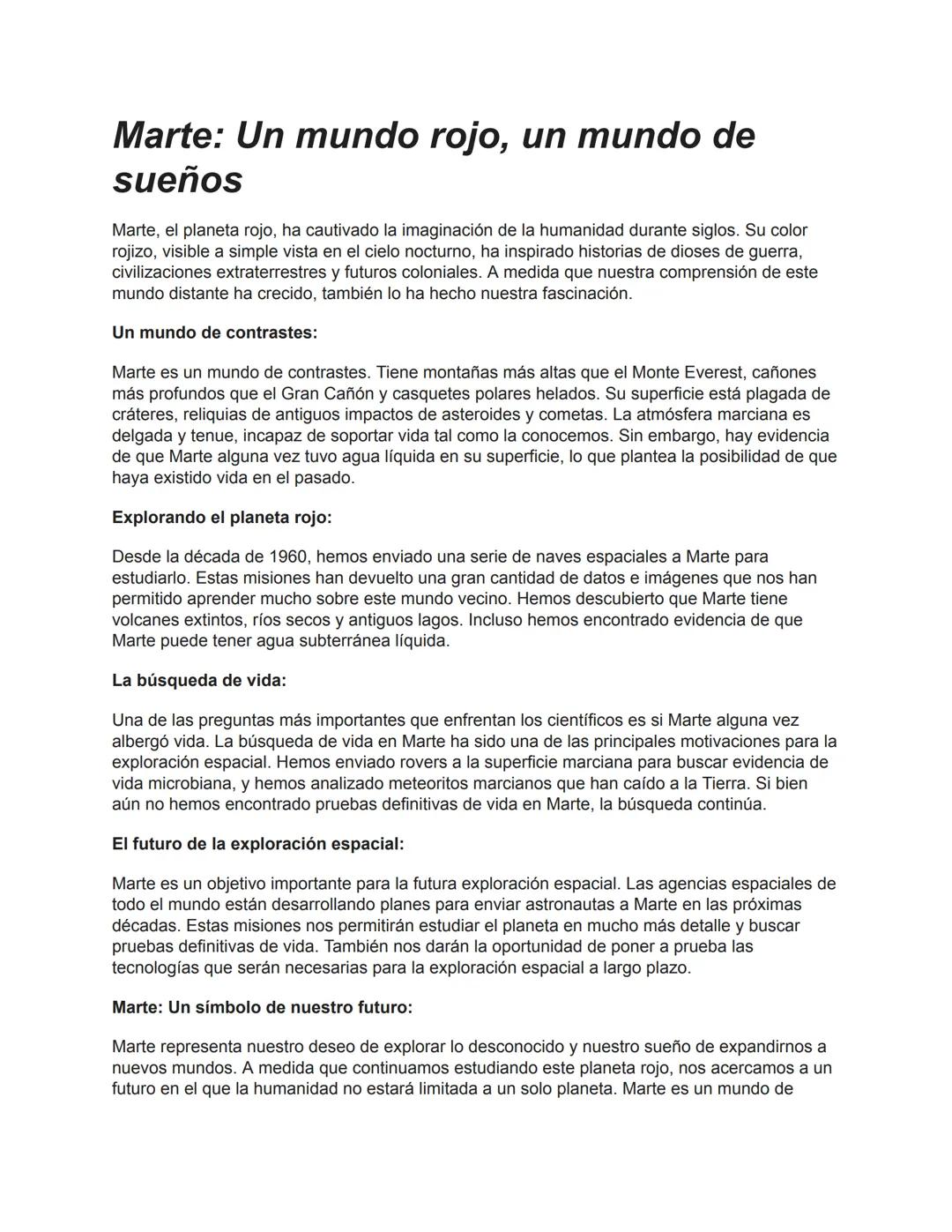 Marte: Un mundo rojo, un mundo de
sueños
Marte, el planeta rojo, ha cautivado la imaginación de la humanidad durante siglos. Su color
rojizo