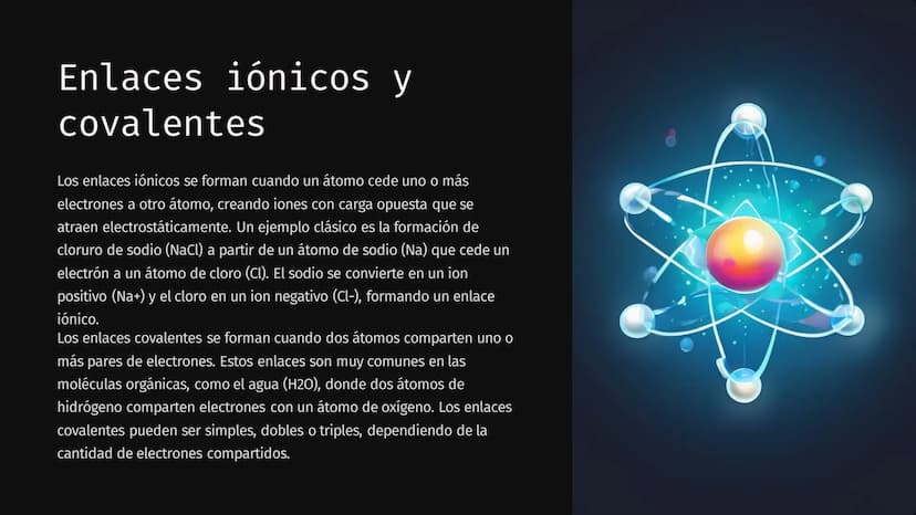 Enlaces Químicos
Los enlaces químicos son la fuerza que une a los átomos para formar moléculas y compuestos. Estos enlaces son la
base de la