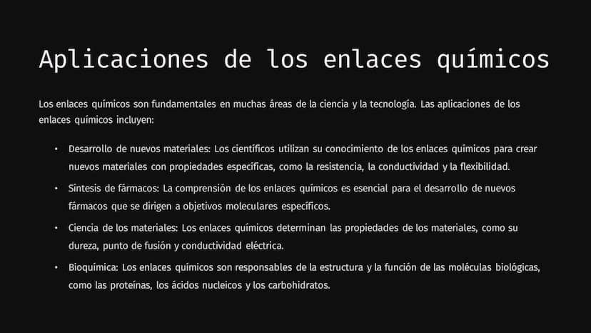 Enlaces Químicos
Los enlaces químicos son la fuerza que une a los átomos para formar moléculas y compuestos. Estos enlaces son la
base de la