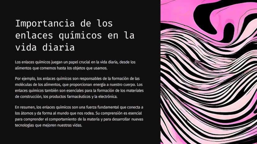 Enlaces Químicos
Los enlaces químicos son la fuerza que une a los átomos para formar moléculas y compuestos. Estos enlaces son la
base de la