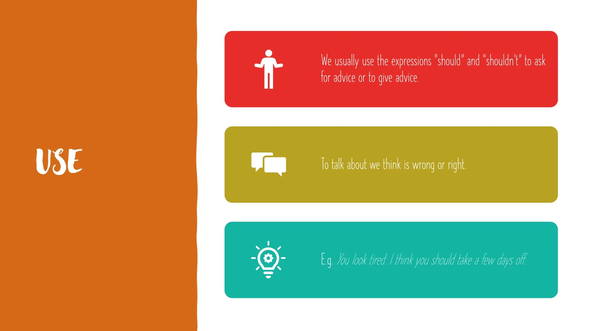 SHOULD AND
SHOULDN'T We usually use the expressions "should" and "shouldn't" to ask
for advice or to give advice.
USE
To talk about we think
