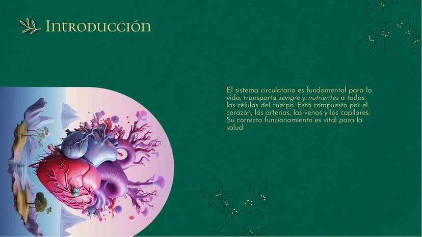 Sistema
CIRCULATORIO:
La Vía De La VIDA INTRODUCCIÓN
El sistema circulatorio es fundamental para la
vida, transporta sangre y nutrientes a t