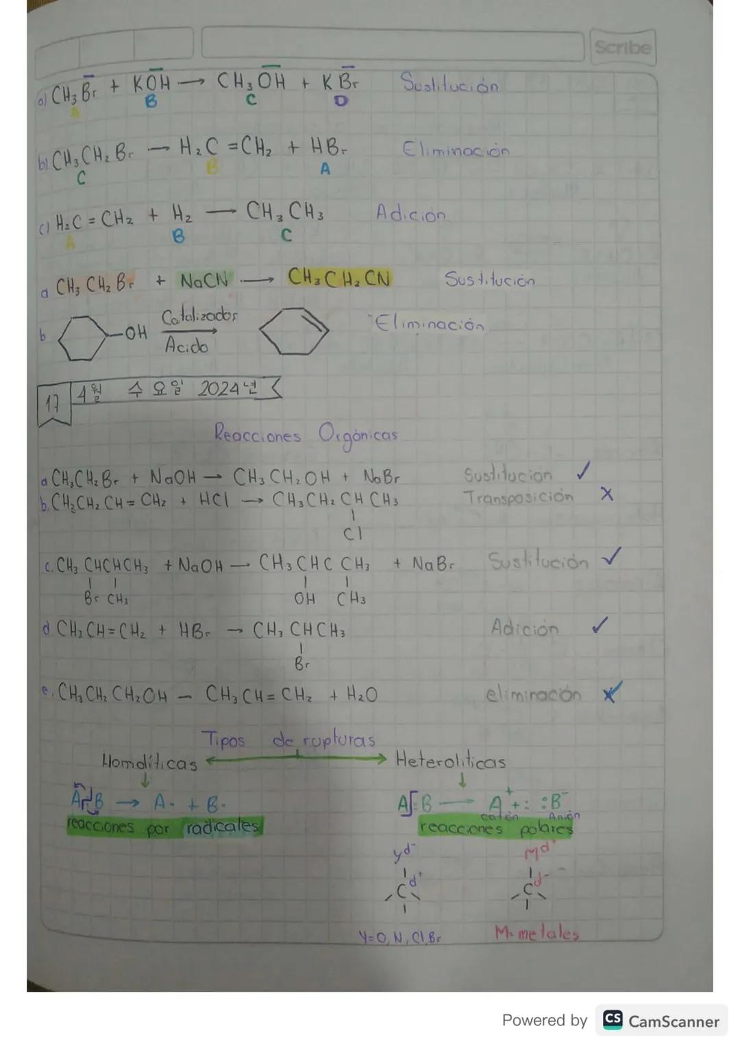 reacciones de adicion
Reacciones de sustitución
de eliminación
de transposición
$A+B \rightarrow C$
$A-B \rightarrow A-C+B-D$
$C \rightarrow