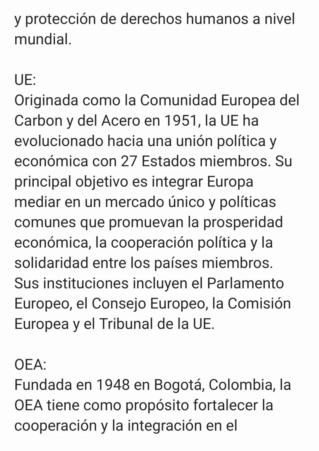 Internacional: ONU, UE y OEA.
Los organismos internacionales como la
Organización de las Naciones Unidas
(ONU), la Unión Europea (UE) y la
O