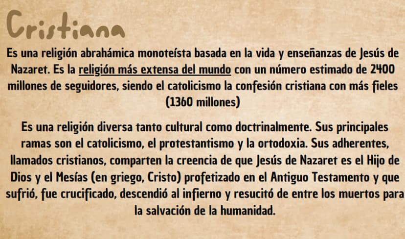RELIGIONES
en el mundo Cristiana
Es una religión abrahámica monoteísta basada en la vida y enseñanzas de Jesús de
Nazaret. Es la religión má