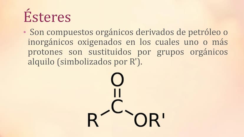 ESTERES .
Ésteres
Son compuestos orgánicos derivados de petróleo o
inorgánicos oxigenados en los cuales uno o más
protones son sustituidos p