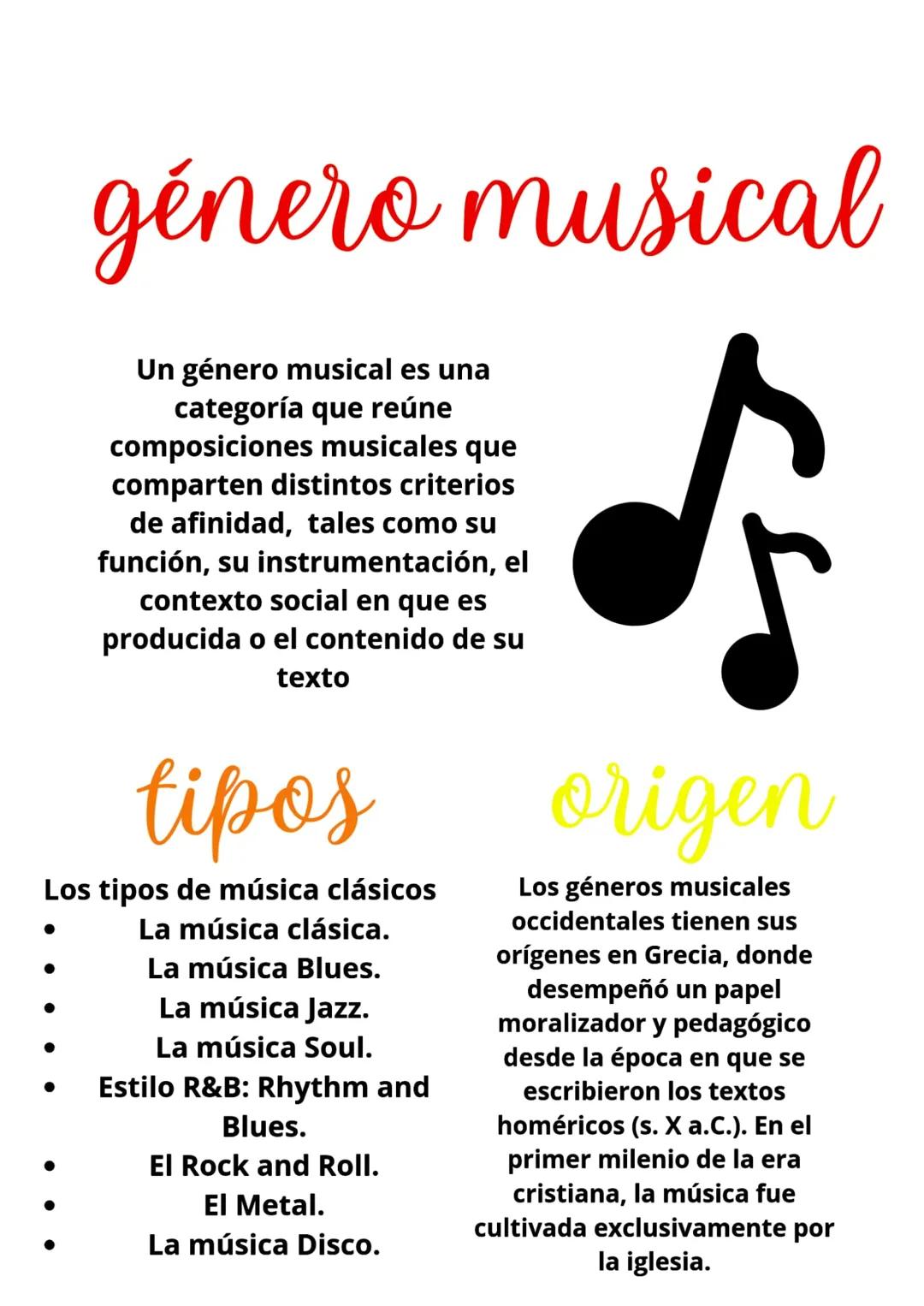 género musical
Un género musical es una
categoría que reúne
composiciones musicales que
comparten distintos criterios
de afinidad, tales com