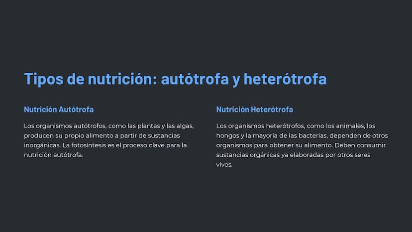 la nutrición en los
seres vivos
La nutrición es un proceso esencial para la vida, en el que los
organismos obtienen los nutrientes necesario
