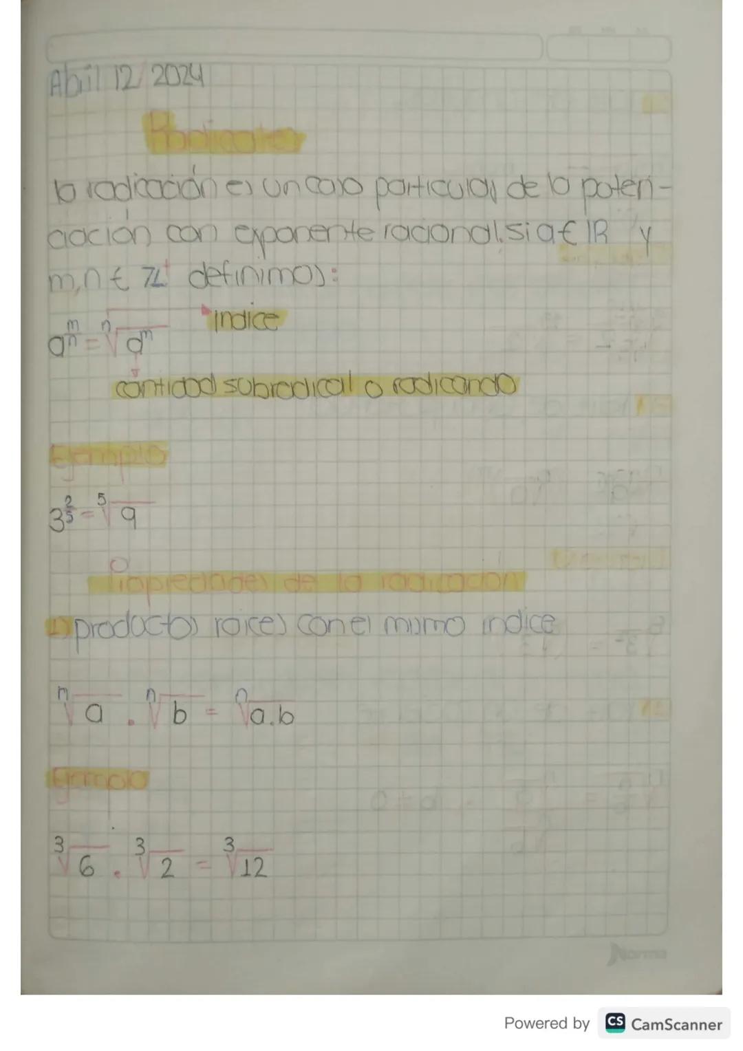 Abil 12/2024
to radicación es un caso particulas de to poten-
cación con exponente racional.sia€IRY
m.n€ 74 definimo):
Indice
cantidad sobra