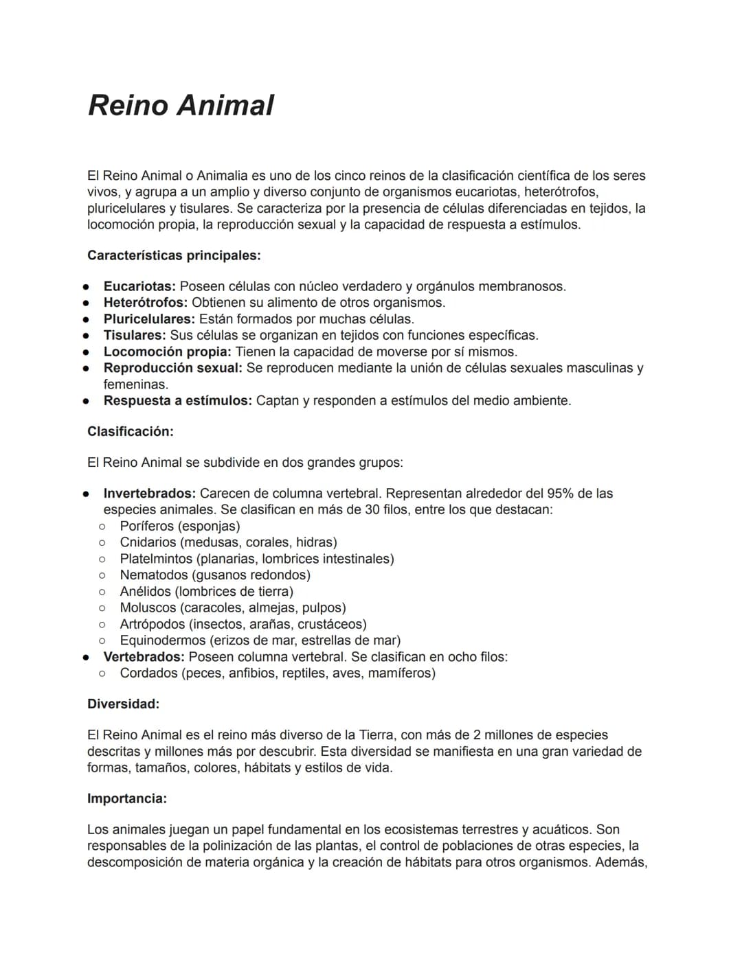 Reino Animal
El Reino Animal o Animalia es uno de los cinco reinos de la clasificación científica de los seres
vivos, y agrupa a un amplio y