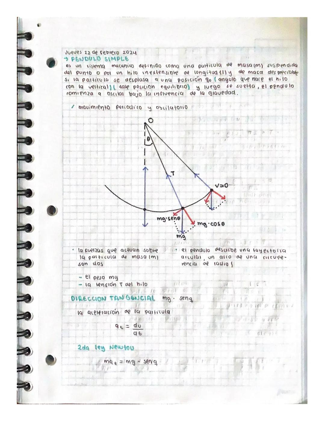 Jueves 22 de Febrero 2024
PENDULO SIMPLE
es un sistema macanico definido como una particula de masa (m) Juspendida
del punto o poi un hilo i