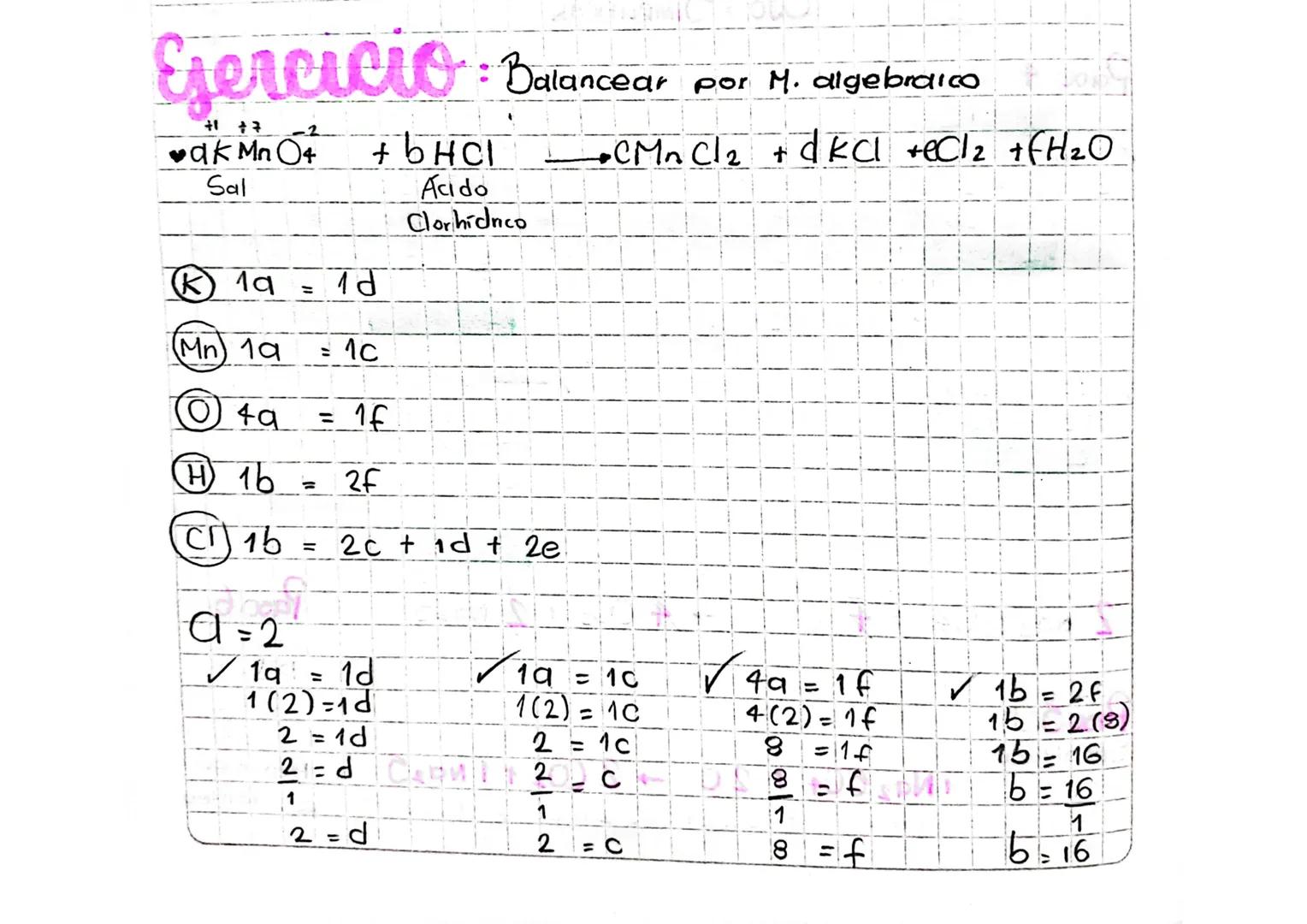# Esercicio: Balancear por M. algebraico

❤ak MnO4
Sal

+ 6HCI
Acido
Clorhídnco

→CMnCl2 + KCl +eCl2 +fH2O

K19 = 1d

(Mn) 19 = 1C

◎ 49 = 1