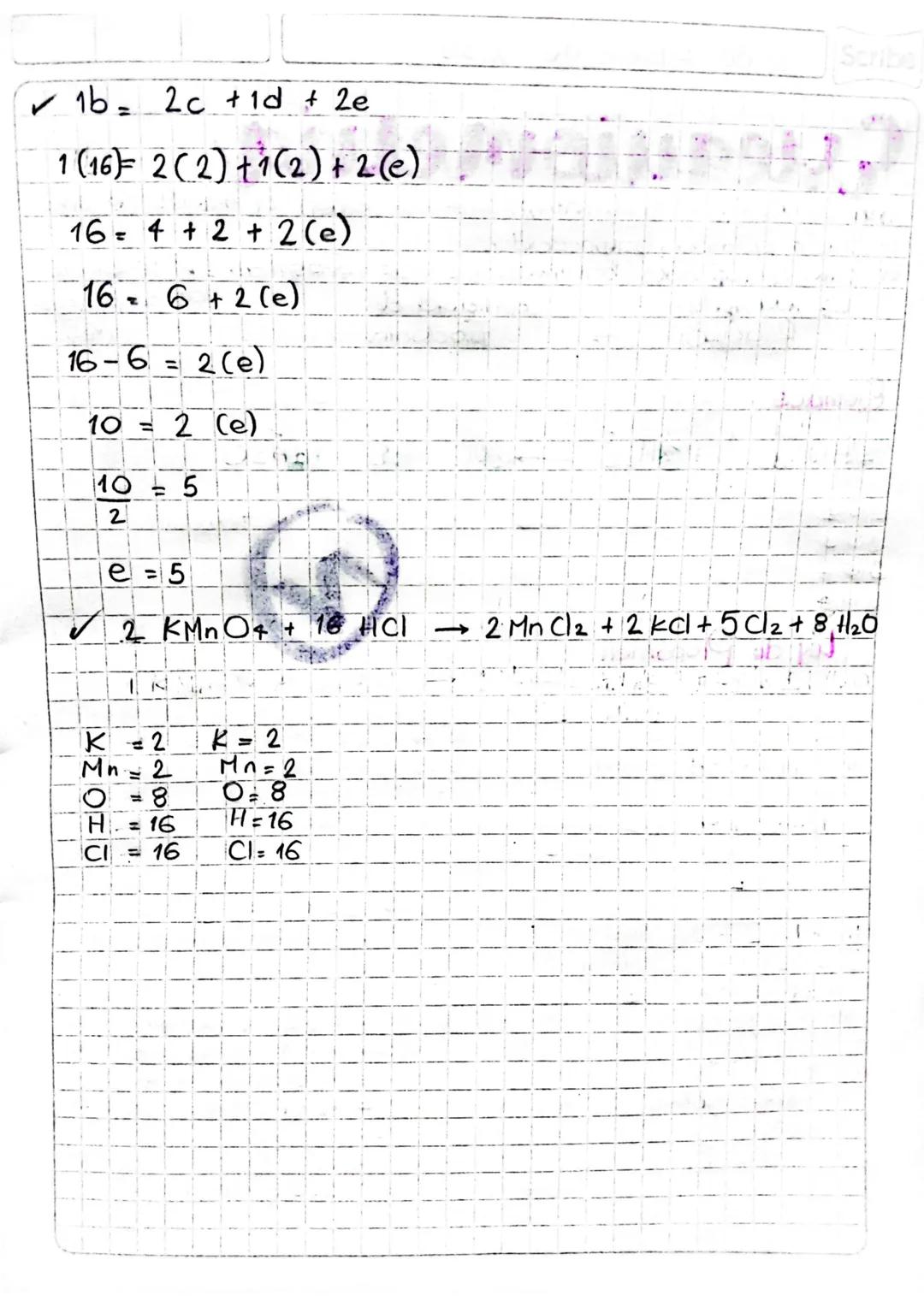 # Esercicio: Balancear por M. algebraico

❤ak MnO4
Sal

+ 6HCI
Acido
Clorhídnco

→CMnCl2 + KCl +eCl2 +fH2O

K19 = 1d

(Mn) 19 = 1C

◎ 49 = 1