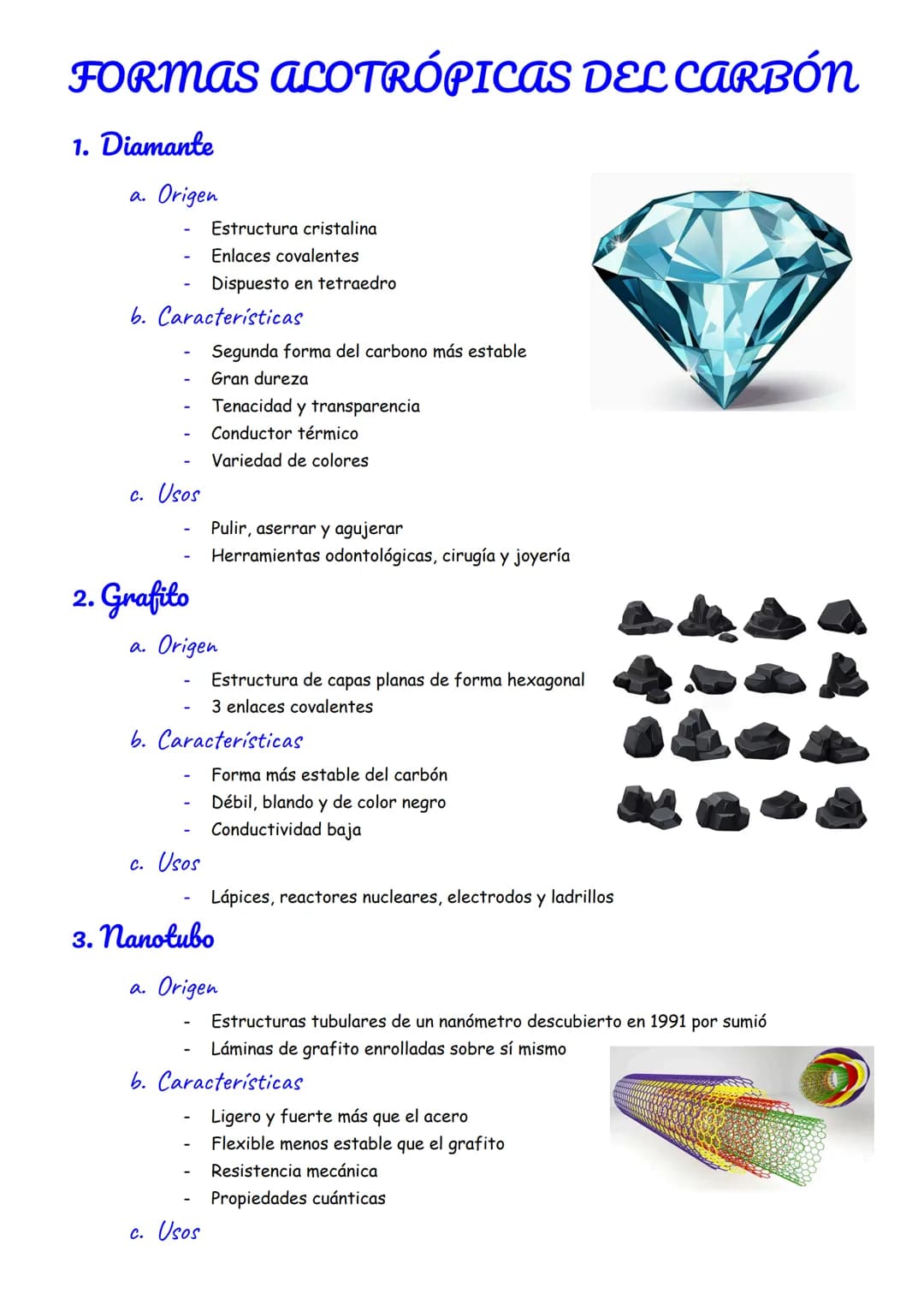 FORMAS ALOTRÓPICAS DEL CARBÓN
1. Diamante
a. Origen
Estructura cristalina
Enlaces covalentes
Dispuesto en tetraedro
b. Características
-
c. 