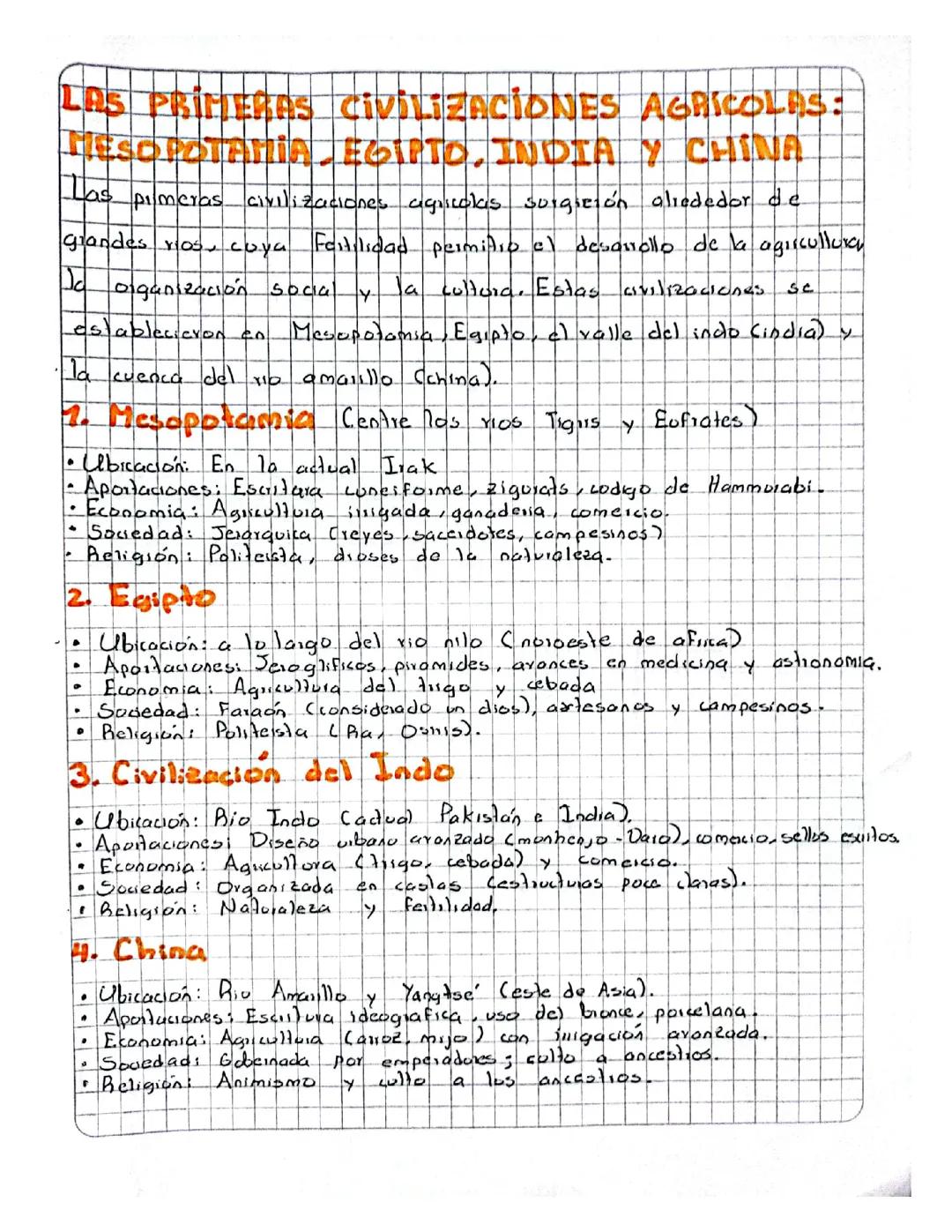 Las primeras civilizaciones agrícolas: Mesopotamia, Egipto, India y China.