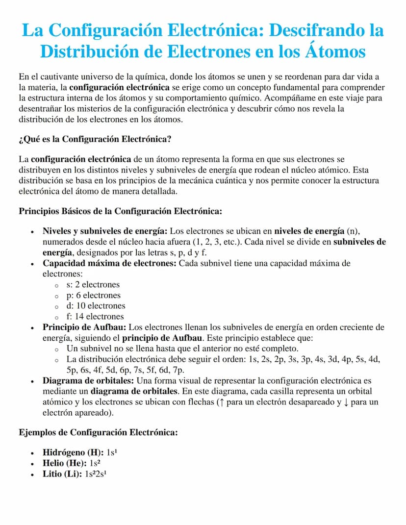 La Configuración Electrónica: Descifrando la
Distribución de Electrones en los Átomos
En el cautivante universo de la química, donde los áto